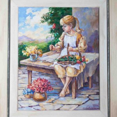 chalatova eleni oil painting, girl with flowers creating crown, xalatova eleni koritsi prwtomagia ftiaxnei stefani