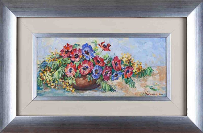 chalatova eleni oil painting with frame,flowers, still life painting, xalatova eleni elaiografia se kamva me korniza, louloudia