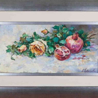 eleni chalatova oil painting, still life with flowers and pomegranate, xalatova eleni elaiografia nekri fysi, me loyloydia kai rodi