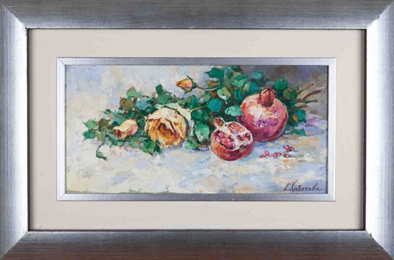 eleni chalatova oil painting, still life with flowers and pomegranate, xalatova eleni elaiografia nekri fysi, me loyloydia kai rodi