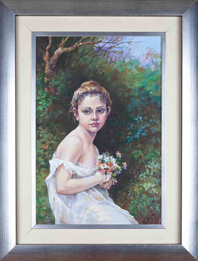 chalatova eleni oil painting with frame, portairt of a girl with flowers, xalatova eleni elaiografia se kamva portraito koritsiou