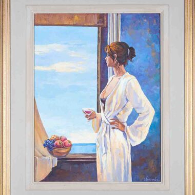 chalatova eleni oil painting with frame, woman standing in the window with wine in summer house, xalatova eleni elaiografia, gynaika amenizi sth thalassa, kalokairino topio