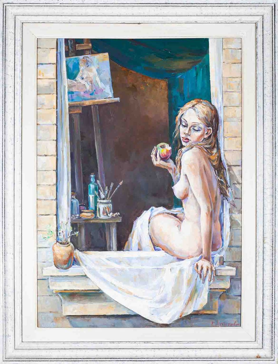 chalatova eleni oil painting, woman in atelier as a model with apple, xalatova eleni , elaiografia se kamva atelie zwgrafikis, gymno montelo