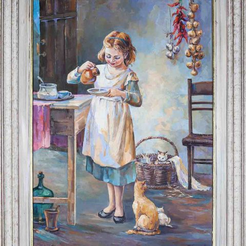 chalatova eleni oil painting, vintage painting, girl feeding baby cats
