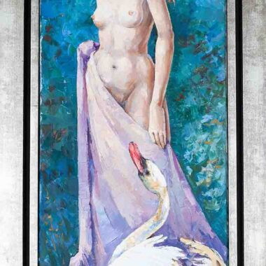 chalatova eleni oil painting, leda and the swan, painting,nude, naked woman, xalatova eleni, elaiografia se kamva, h lida kai o kiknos,gymno