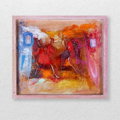 badri oil painting with two figures in yellow red and blue colors modern art abstract