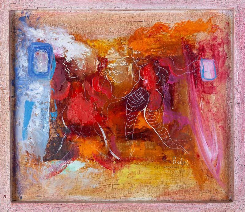 badri oil painting with two figures in yellow red and blue colors modern art abstract