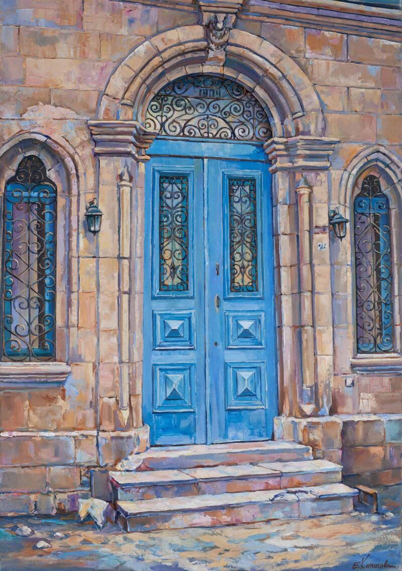 blue door old mansion original painting - classic painting - eleni chalatova