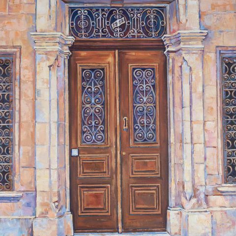 eleni chalatova classic art brown door in mitilini -oil colors