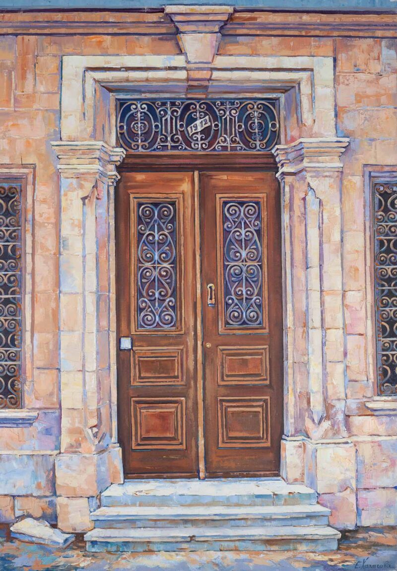 eleni chalatova classic art brown door in mitilini -oil colors
