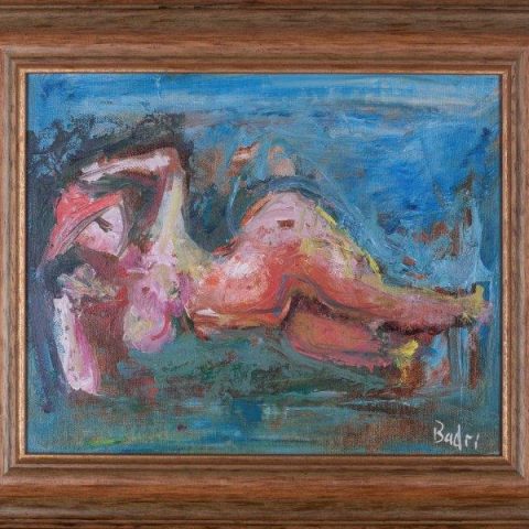 badri original oil painting, nude woman with hat, elaiografia se kamva gymno, gymni gunaika