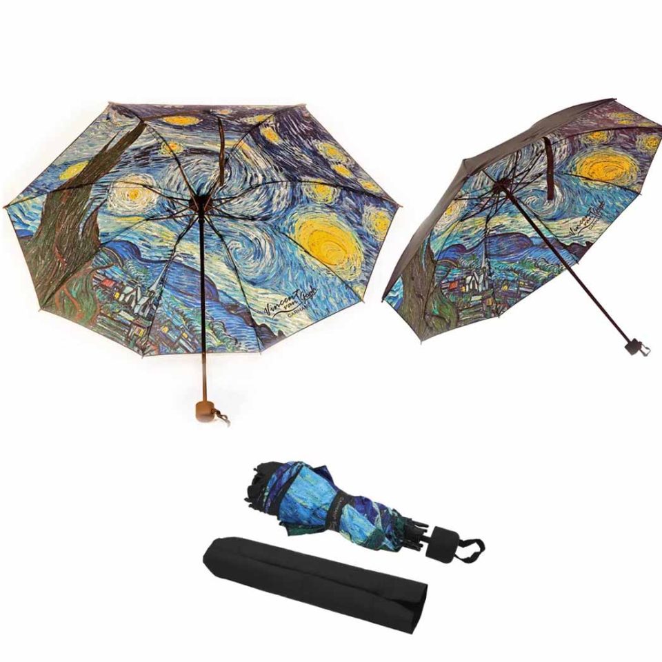 van gogh starry night umbrella reverse design, limited edition van gogh umbrella, omprela me to sxedio apo mesa, me thiki