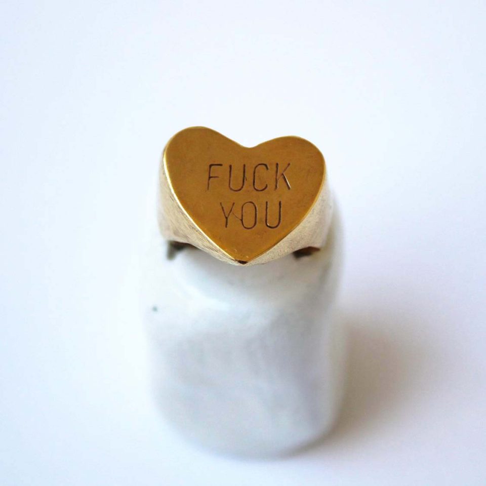 fuck you ring, harden my heart, handmade by kontis, handmade jewelry 24K gold plated brass, high quality, made in athens, brass heart ring,one size ring