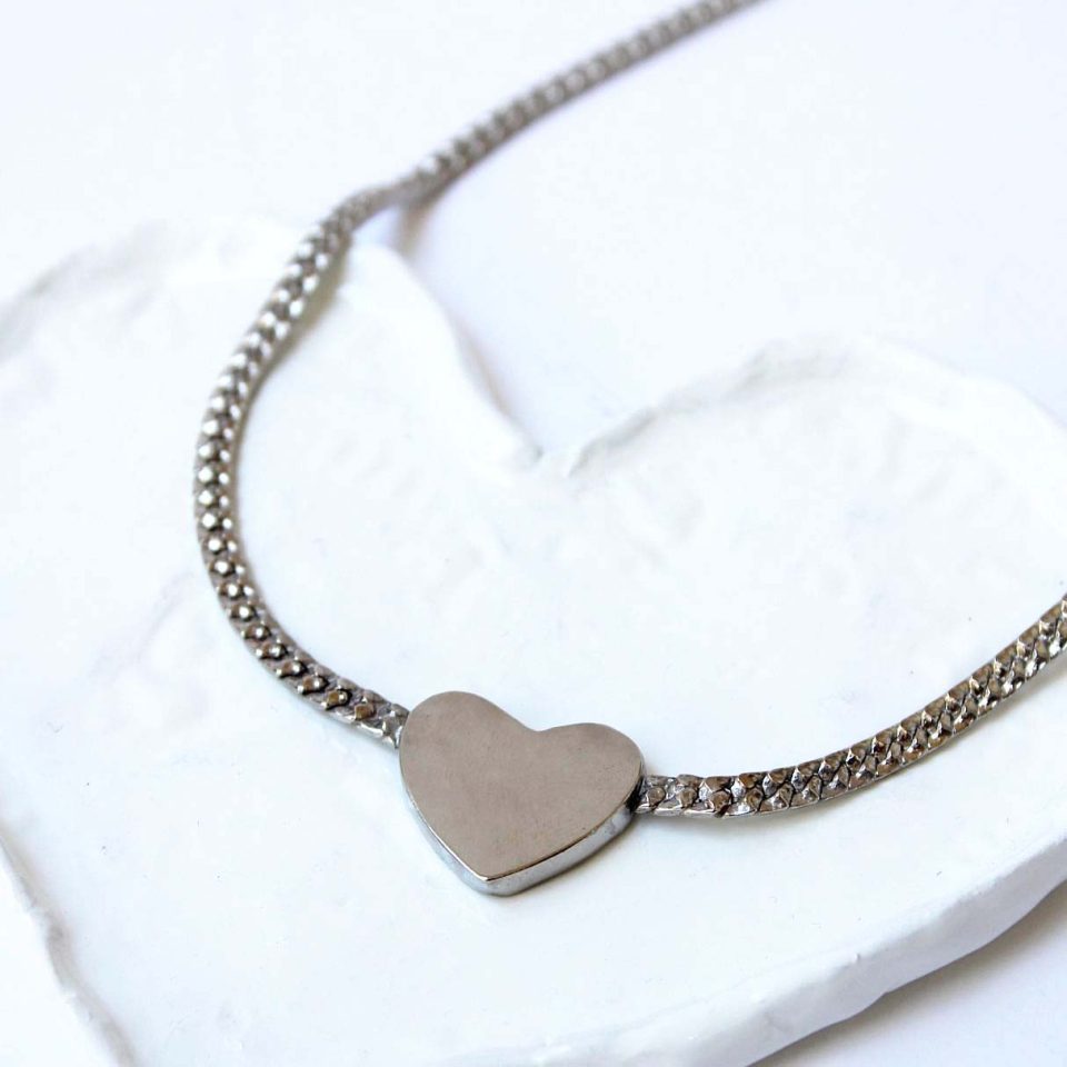 full heart necklace, palladium plated necklace, handmade jewelry by kontis, handmade jewelry 24K gold plated brass, high quality, made in athens, palladium plated silver heart, silver color heart necklace
