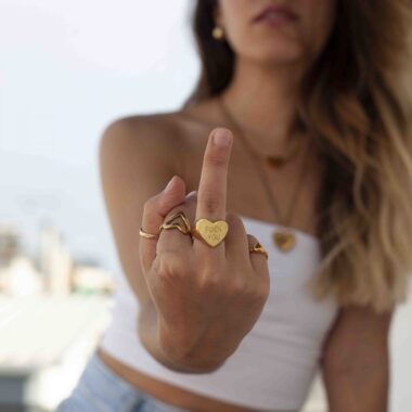 fuck you ring, harden my heart, handmade by kontis, handmade jewelry 24K gold plated brass, high quality, made in athens, brass heart ring, urban ring