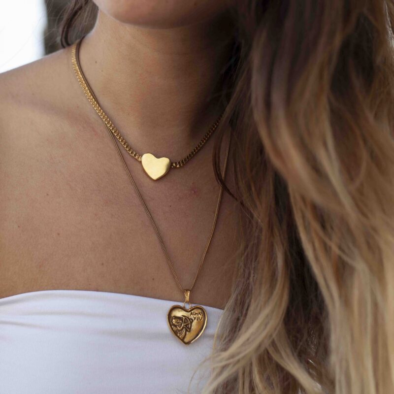 full heart necklace, 24gold plated necklace, handmade jewelry by kontis, handmade jewelry 24K gold plated brass, high quality, made in athens