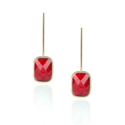 earrings with red stone, brass jewelry with red resin stone