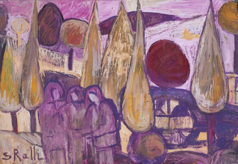 original painting oil in canvas, with purple colors only and yellow ,sotiria ralli, pinakas zwgrafikis tis Ralli, S.Ralli