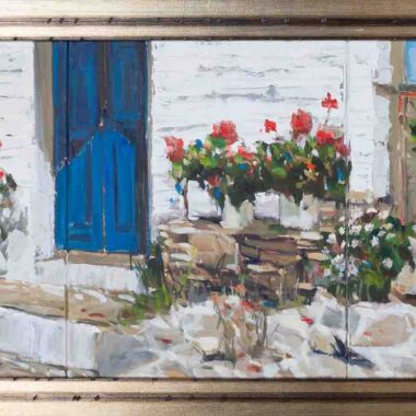 in the yard petalidou margarita oil painting of an greek traditional island yard, stin ayli elaiografia se kamva se elliniko nisi, me korniza, with frame