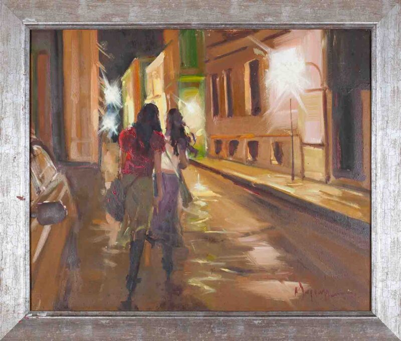 plaka petalidou margarita oil painting, greek downtown night out girls walking in the city, elaiografia se kamva pinakas zwgrafikis sti plaka me korniza