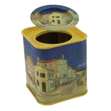 Tin - V. van Gogh, the yellow house, metalliko koyti to kitrino spiti (CARMANI), for coffee tea tin box for herbs. koutaki metalliko tsiggino diakosmimeno me enastri nuxta gia mpaxarika tsai h kafe