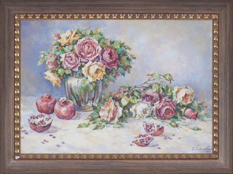 xalatova eleni,landscape, oil painting, elaiografia se kamva, pinakas zwgrafikis, kales times se pinakes zwgrafikis, still life oil painting greek artists, greek art, nekri fusi elaiografia me louloudia, flowers painting, chalatova eleni still life oil painting barok style, fruits and flowers painting, rodia kai triantafylla, roses and pomegrande painting