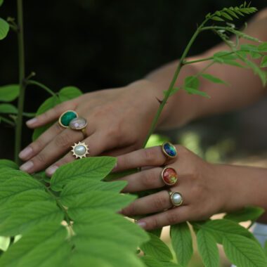 Pearl sun ring, adjustable handmade 24k gold plated brass jewelry, artisan boho chic ring, symbolic statement accessory, crafted by Sunny Designs