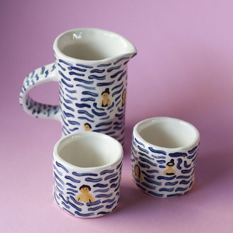 mugaki handmade ceramic mugs and pot for wine with handmade painting decoration people swimming
