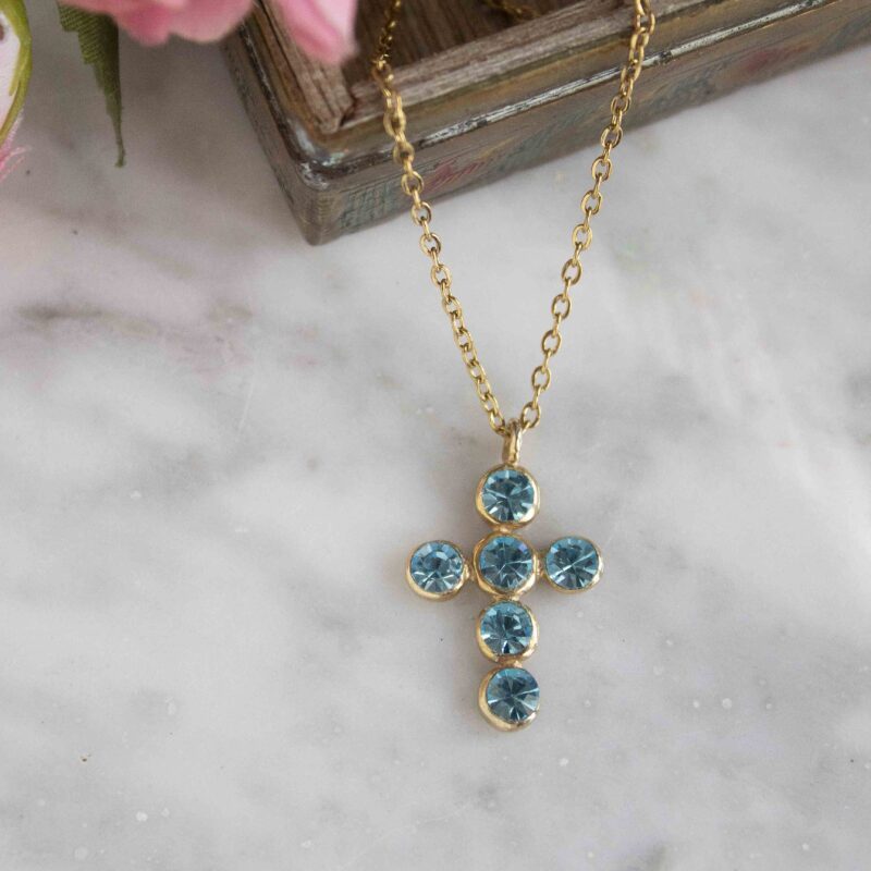 Heavenly Cross necklace with turquoise stone, handmade artisan pendant in 24k gold plated brass on durable stainless steel chain, symbolic spiritual jewelry, boho cross necklace, unique handmade small business accessory by Sunny Designs, Κολιέ Heavenly Cross με τιρκουάζ πέτρα, χειροποίητο μενταγιόν σταυρού από ορείχαλκο επιχρυσωμένο 24 καράτια σε ατσάλινη αλυσίδα, πνευματικό κόσμημα, boho χειροποίητο αξεσουάρ, μοναδικό κόσμημα μικρής επιχείρησης Sunny Designs