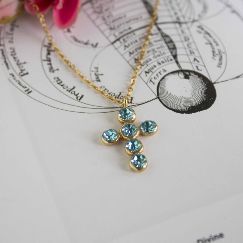 Heavenly Cross necklace with turquoise stone, handmade artisan pendant in 24k gold plated brass on durable stainless steel chain, symbolic spiritual jewelry, boho cross necklace, unique handmade small business accessory by Sunny Designs, Κολιέ Heavenly Cross με τιρκουάζ πέτρα, χειροποίητο μενταγιόν σταυρού από ορείχαλκο επιχρυσωμένο 24 καράτια σε ατσάλινη αλυσίδα, πνευματικό κόσμημα, boho χειροποίητο αξεσουάρ, μοναδικό κόσμημα μικρής επιχείρησης Sunny Designs