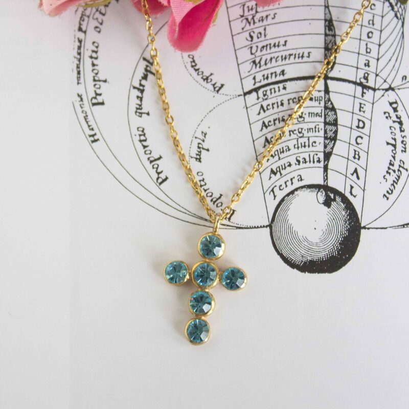 Heavenly Cross necklace with turquoise stone, handmade artisan pendant in 24k gold plated brass on durable stainless steel chain, symbolic spiritual jewelry, boho cross necklace, unique handmade small business accessory by Sunny Designs, Κολιέ Heavenly Cross με τιρκουάζ πέτρα, χειροποίητο μενταγιόν σταυρού από ορείχαλκο επιχρυσωμένο 24 καράτια σε ατσάλινη αλυσίδα, πνευματικό κόσμημα, boho χειροποίητο αξεσουάρ, μοναδικό κόσμημα μικρής επιχείρησης Sunny Designs