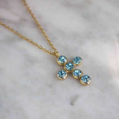 Heavenly Cross necklace with turquoise stone, handmade artisan pendant in 24k gold plated brass on durable stainless steel chain, symbolic spiritual jewelry, boho cross necklace, unique handmade small business accessory by Sunny Designs, Κολιέ Heavenly Cross με τιρκουάζ πέτρα, χειροποίητο μενταγιόν σταυρού από ορείχαλκο επιχρυσωμένο 24 καράτια σε ατσάλινη αλυσίδα, πνευματικό κόσμημα, boho χειροποίητο αξεσουάρ, μοναδικό κόσμημα μικρής επιχείρησης Sunny Designs
