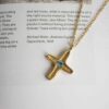 Discover the elegance of the Maria’s Cross necklace with light blue stone, a piece that blends timeless symbolism with artisanal craftsmanship. Handmade from high-quality brass and plated with radiant 24k gold, this cross pendant carries a soft light blue gemstone at its center, symbolizing serenity, hope, and inner peace.Ανακαλύψτε την κομψότητα του κολιέ Maria’s Cross με γαλάζια πέτρα, ένα κόσμημα που συνδυάζει διαχρονικό συμβολισμό με χειροποίητη τέχνη. Κατασκευασμένο στο χέρι από ορείχαλκο υψηλής ποιότητας και επιχρυσωμένο με 24 καράτια χρυσό, το μενταγιόν σε σχήμα σταυρού φιλοξενεί μια γαλάζια πέτρα στο κέντρο του, που συμβολίζει τη γαλήνη, την ελπίδα και την εσωτερική αρμονία.