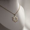 The Sun necklace with stainless steel chain and handmade brass sun pendant. Unique artisan jewelry inspired by celestial symbols, durable and affordable wearable art by Sunny Designs small business.Κολιέ Sun με ατσάλινη αλυσίδα και χειροποίητο μενταγιόν ήλιου από ορείχαλκο. Μοναδικά κοσμήματα τέχνης εμπνευσμένα από τα ουράνια σύμβολα, ανθεκτικά και προσιτά έργα τέχνης από τη μικρή επιχείρηση Sunny Designs.