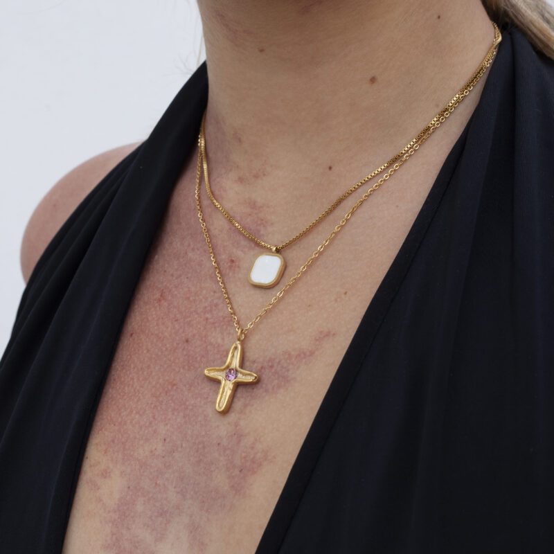 Maria’s Cross necklace with purple stone, handmade artisan pendant in 24k gold plated brass on durable stainless steel chain, symbolic spiritual jewelry, boho cross necklace, unique handmade small business accessory by Sunny Designs Κολιέ Maria’s Cross με μωβ πέτρα, χειροποίητο μενταγιόν σταυρού από ορείχαλκο επιχρυσωμένο 24 καράτια σε ατσάλινη αλυσίδα, πνευματικό κόσμημα, boho χειροποίητο αξεσουάρ, μοναδικό κόσμημα μικρής επιχείρησης Sunny Designs