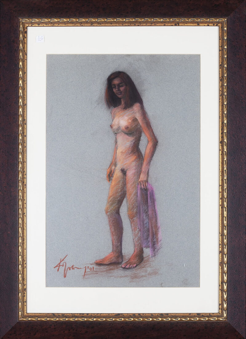 nude woman painting with pastel colors, in frame, pastel xrwmata pinakas zwgrafikis me gumni gunaikeia figoura