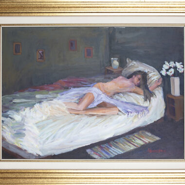 nude woman painting with pastel colors, in frame, pastel xrwmata pinakas zwgrafikis me gumni gunaikeia figoura, xristina volokarou, gymno se krevati