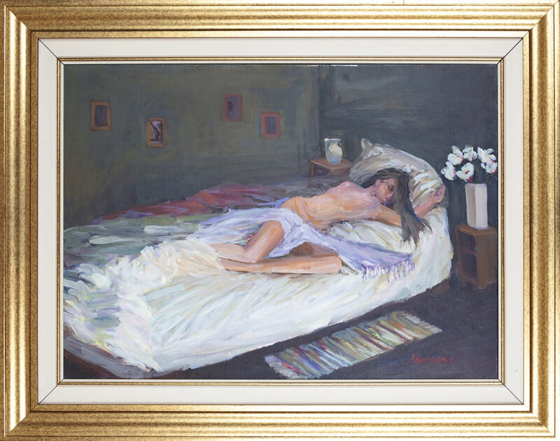 nude woman painting with pastel colors, in frame, pastel xrwmata pinakas zwgrafikis me gumni gunaikeia figoura, xristina volokarou, gymno se krevati