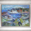 Badri, expressionism, oil painting, elaiografia se kamva, aythentikos pinakas zwgrafikis, boat in port, limani Badri afairetiko limani