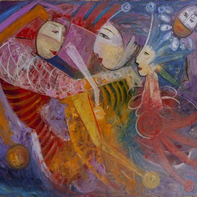 Badri, expressionism, oil painting, elaiografia se kamva, aythentikos pinakas zwgrafikis, mills, idanikos gia dwro gamou, girl with fishes, gynaika kai psaria, adam kai eva, to rodi, colorful painting, joyful painting, badri pinakas zwgrafikis me karnavalous, carnaval painting