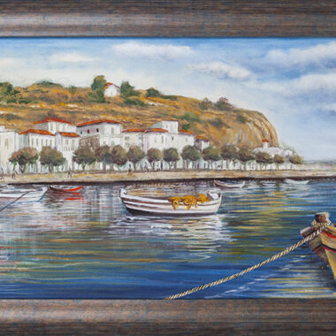M. Parasiri oil painting in canvas with island port view, πινακας ζωγραφικης με λιμανι και βαρκα, ψαροβαρκα