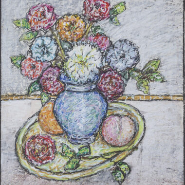 mixalis kandilis pastel nekri fusi, νεκρη φυση με λουλουδια και φρουτα μιχαλης κανδυλης αυθεντικος πινακας ζωγραφικης