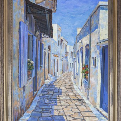 chalatova eleni alley in greek island painting in canvas, ελαιογραφια σε καμβα Χαλάτοβα Ελένη στενάκι σε νησί