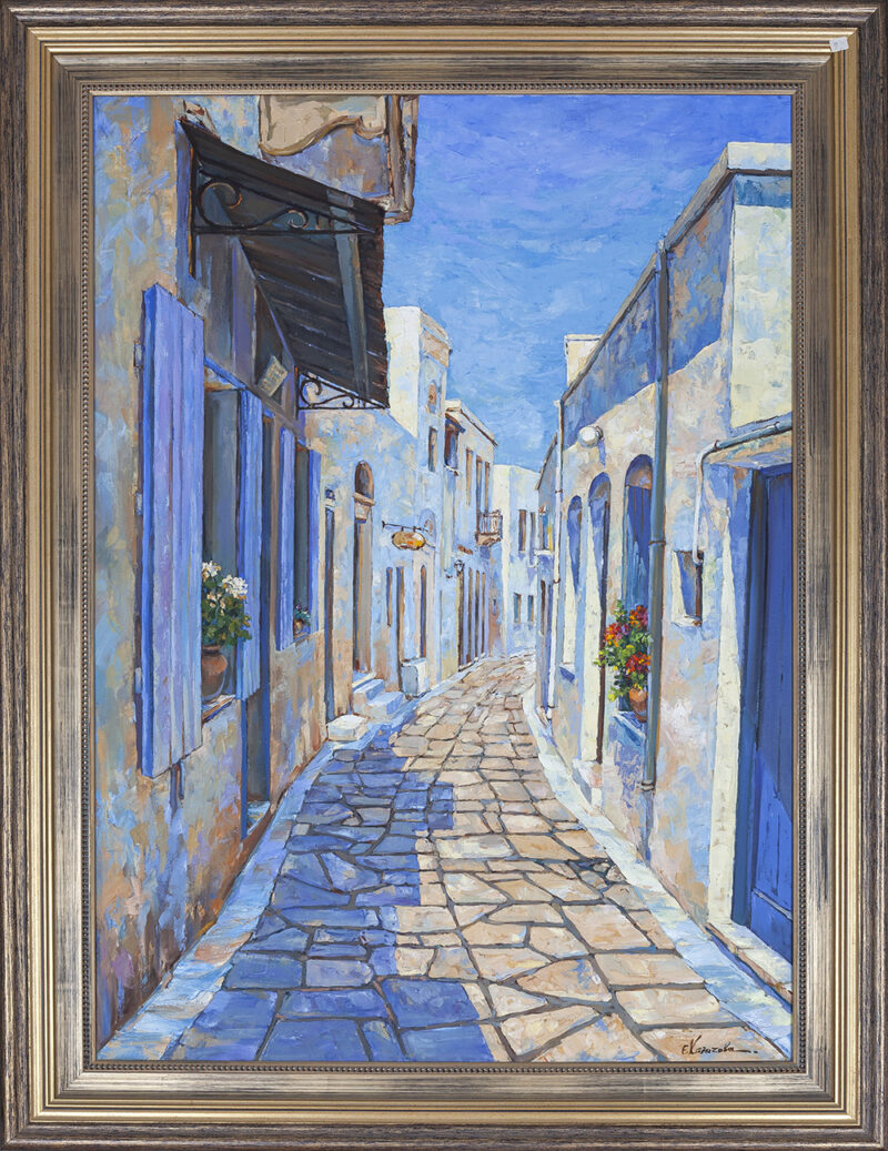 chalatova eleni alley in greek island painting in canvas, ελαιογραφια σε καμβα Χαλάτοβα Ελένη στενάκι σε νησί