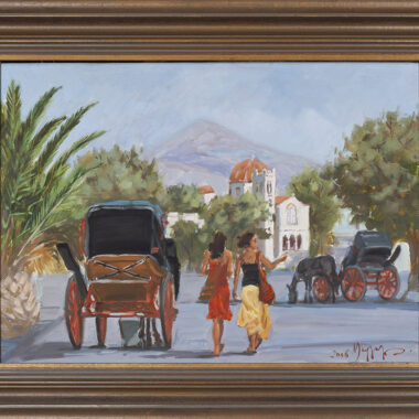 Μαργαρίτα πεταλίδου αμαξα με άλογα, το ψαξιμο της αμαξας στην Αίγινα, aegina island oil painting, πινακας ζωγραφικής