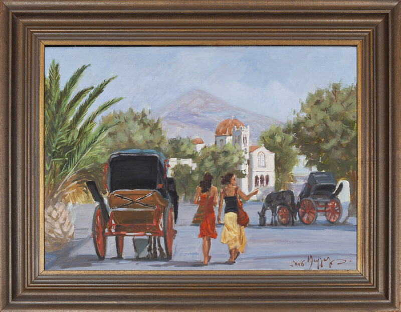 Μαργαρίτα πεταλίδου αμαξα με άλογα, το ψαξιμο της αμαξας στην Αίγινα, aegina island oil painting, πινακας ζωγραφικής