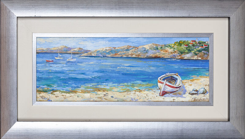 χαλατοβα ελενη ελαιογραφια σε καμβα πινακας ζωγραφικης με θαλασσινο καλοκαιρινο τοπιο καικι με θέα νησι