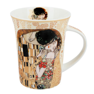 Mug - G. Klimt, The Kiss, cream background (CARMANI), koupa me to fili tou klimt kai mpez fonto 15 euro, porselani, porcelain mug , gift packaging, me suskeuasia dwrou