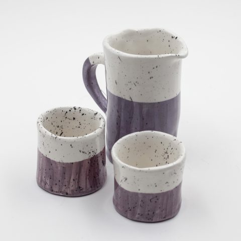 mugaki handmade mugs, mugaki jug and cups pink color set, handmade and handpainted, χειροποίητες κούπες, σετ κούπες και κανατάκι, κανατα και ποτηρακια για κρασί, purple set cups and jug