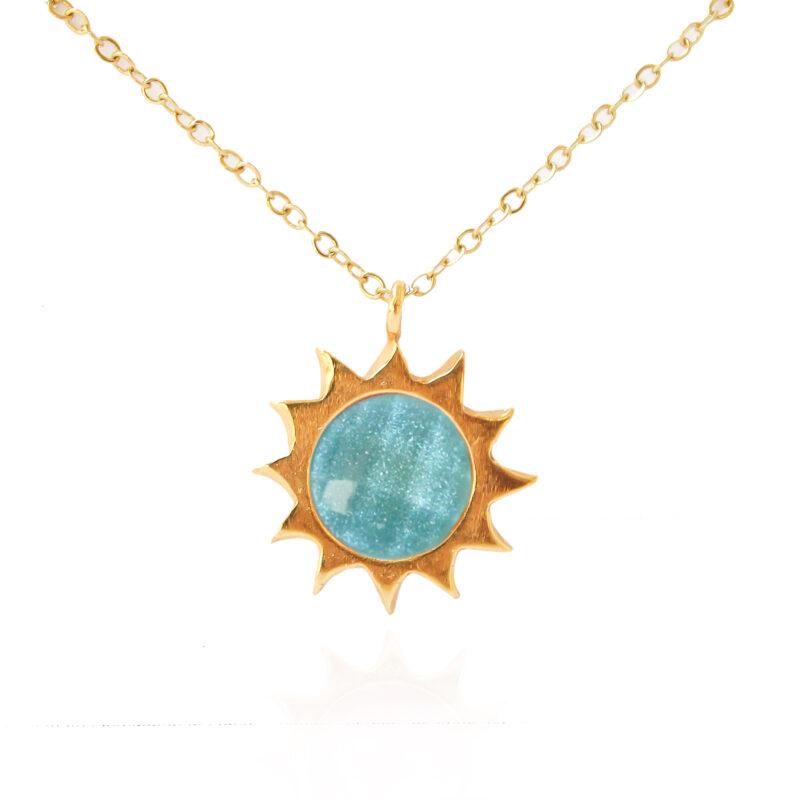sunny designs, sun necklace with resin stone and stainless steel chain 24k gold plated, κολιέ ήλιος με πέτρα 40cm αλυσίδα ατσάλι, χειροποίητο κόσμημα